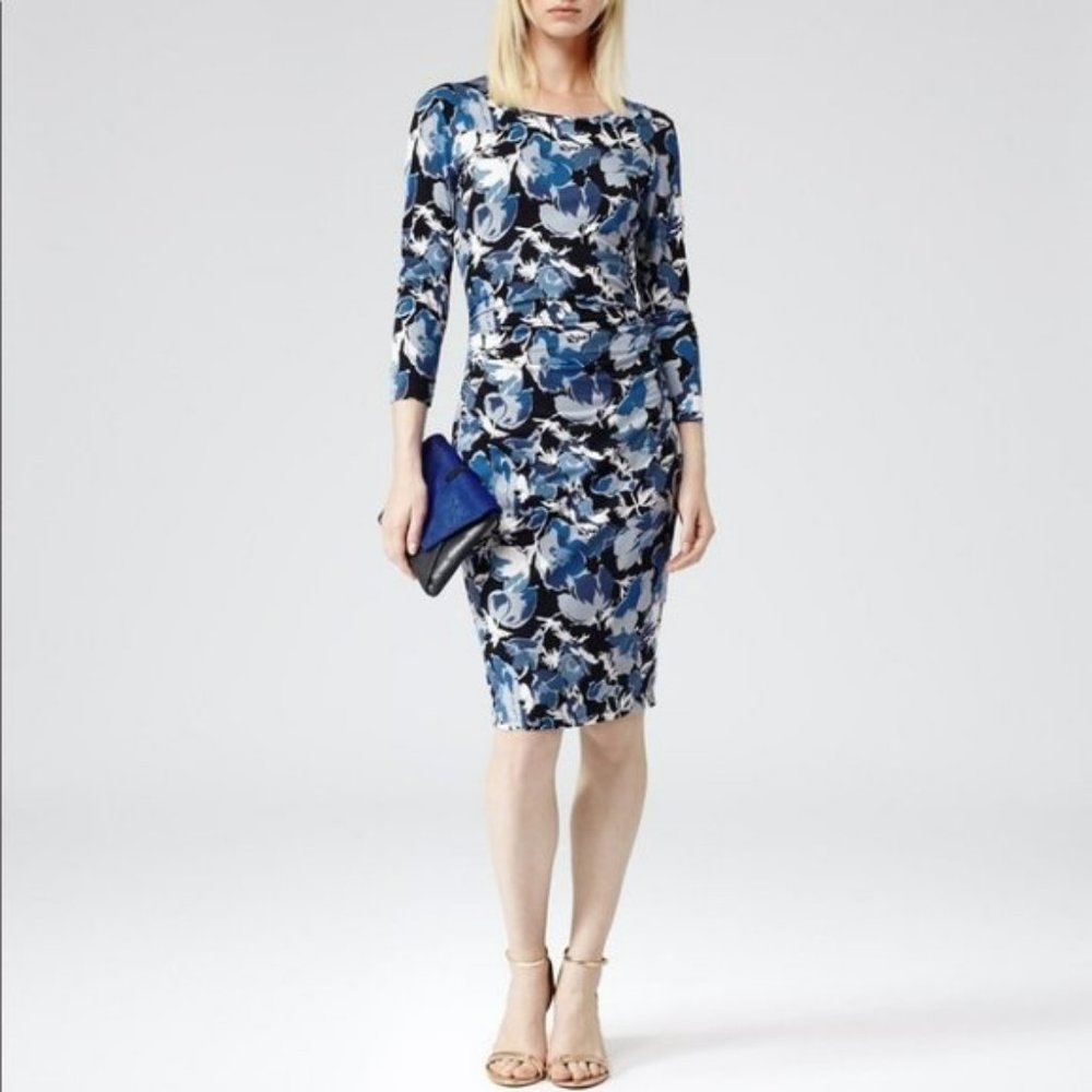 Reiss Zizzi blue floral ruched long sleeve dress